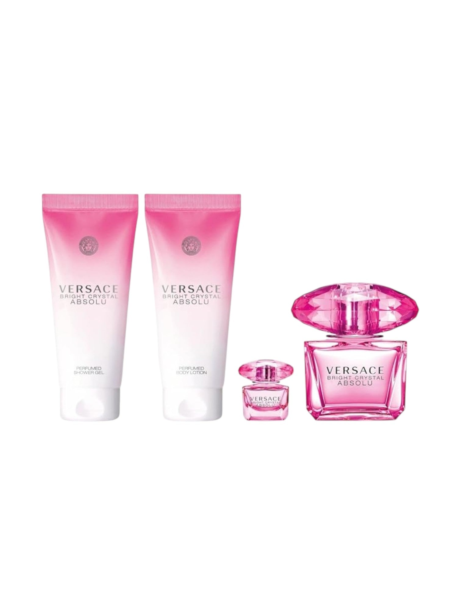 Versace perfume set with pink bottles on a white background, Versace Bright Crystal Absolu, Monza Outlet, Monza Fashion, Shein Outlet