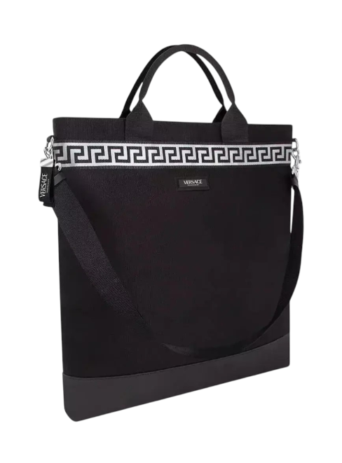Black tote bag with decorative band and visible brand logo on a white background Versace Monza Outlet