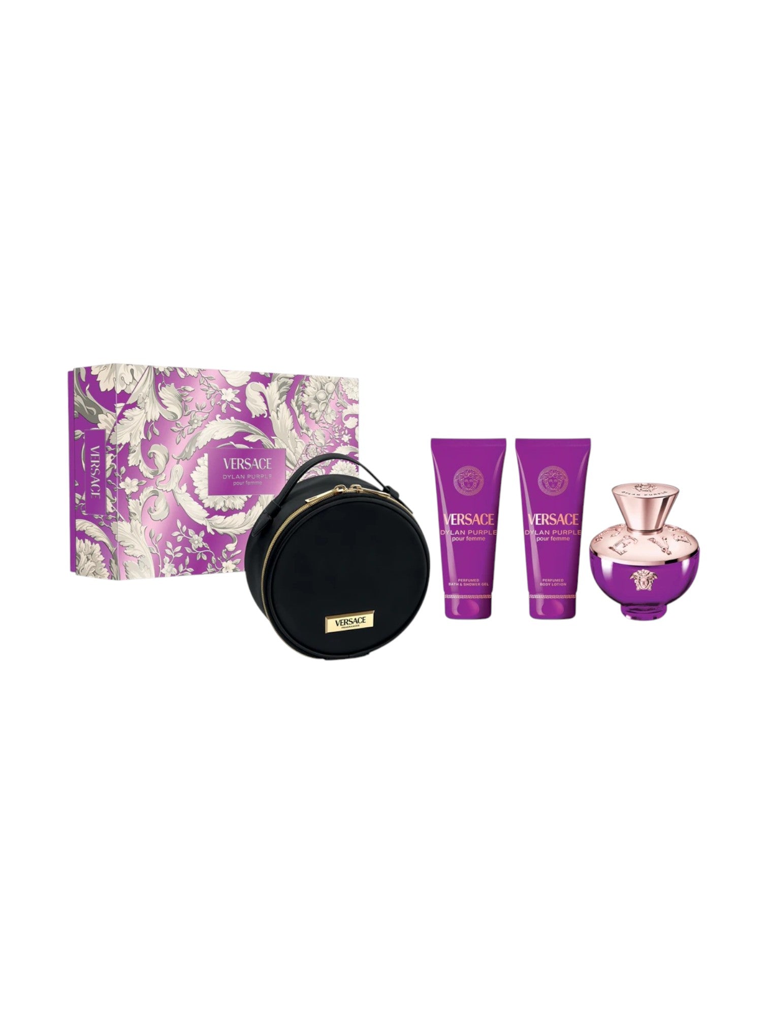 Versace perfume set with a round black container, two bottles, and a box on a white background. Versace, Monza Outlet, Monza Fashion, Shein Outlet
