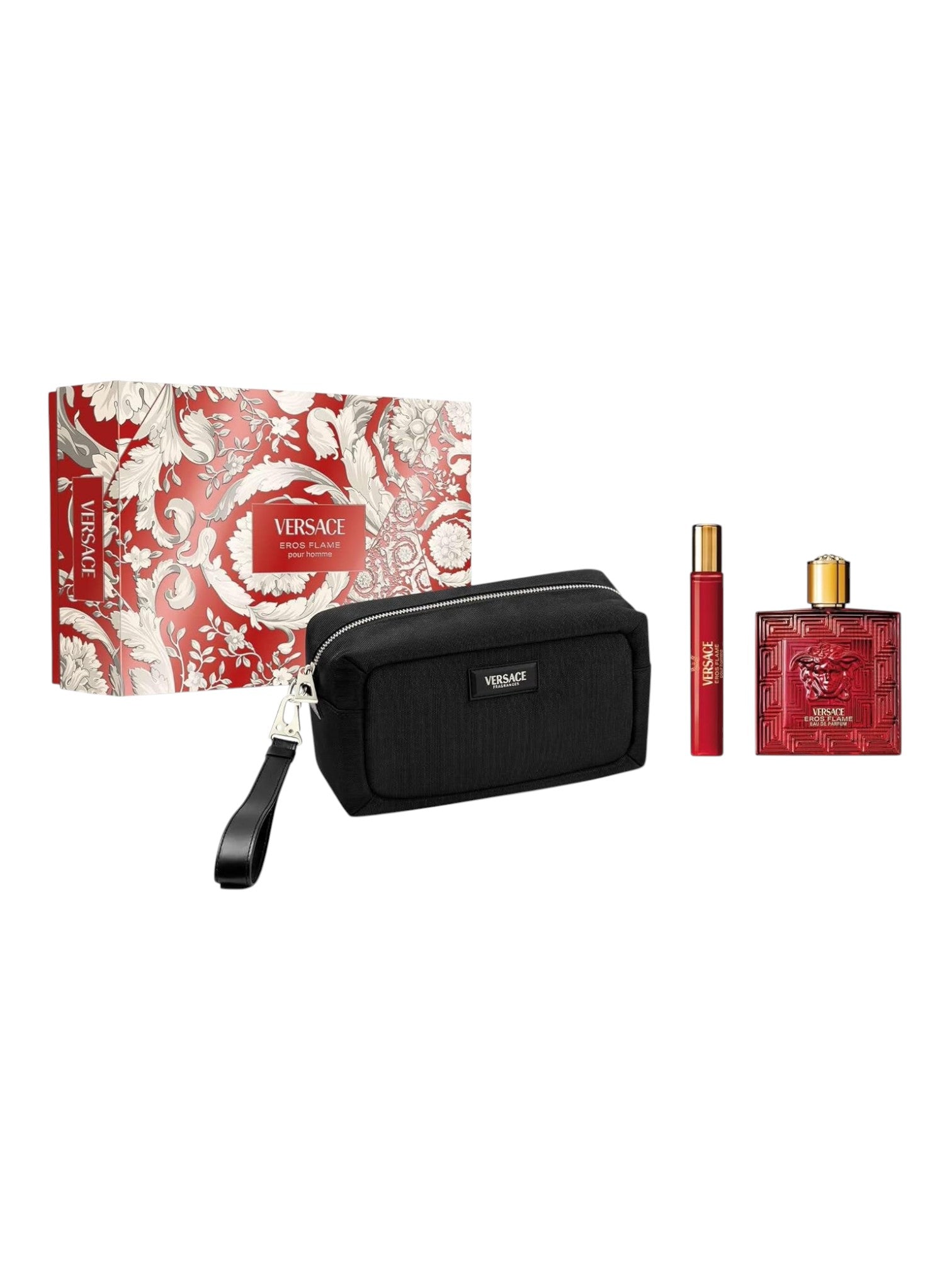 Versace perfume set with black pouch, red bottles, and decorative box on a white background. Versace, Monza Outlet, Monza Fashion, Shein Outlet