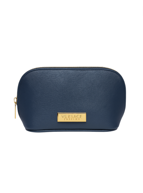 Navy blue Versace handbag with gold zipper and logo on a white background Versace Monza Outlet