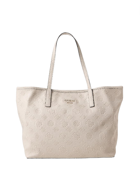 Beige tote bag with floral pattern and Guess logo on a white background. Guess, Monza Outlet, Monza Fashion, Shein Outlet