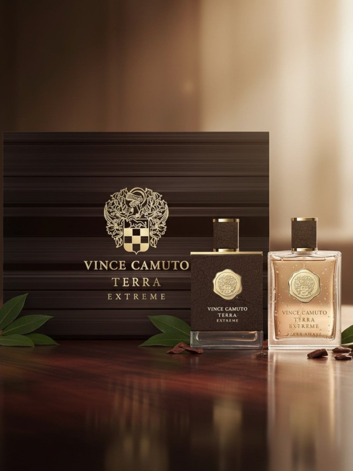 Vince Camuto Terra Extreme perfume set on a wooden surface with a warm background. Vince Camuto Monza Outlet, Monza Fashion, Shein Outlet