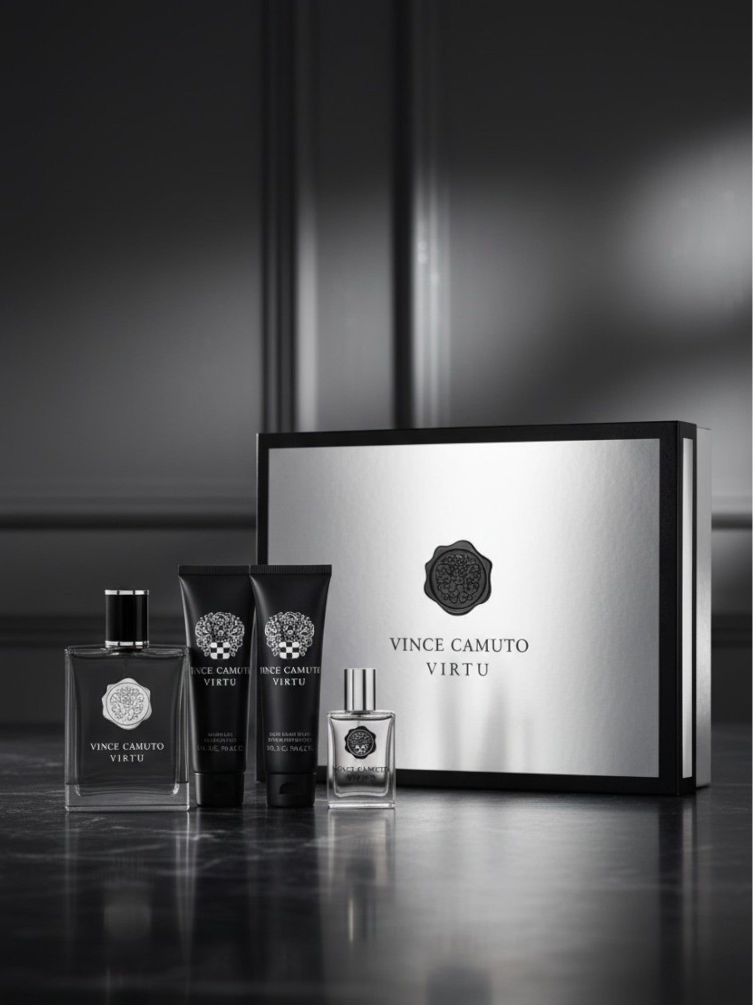 Vince Camuto Virtu perfume set with bottles and packaging on a dark background. Vince Camuto, Monza Outlet, Monza Fashion, Shein Outlet