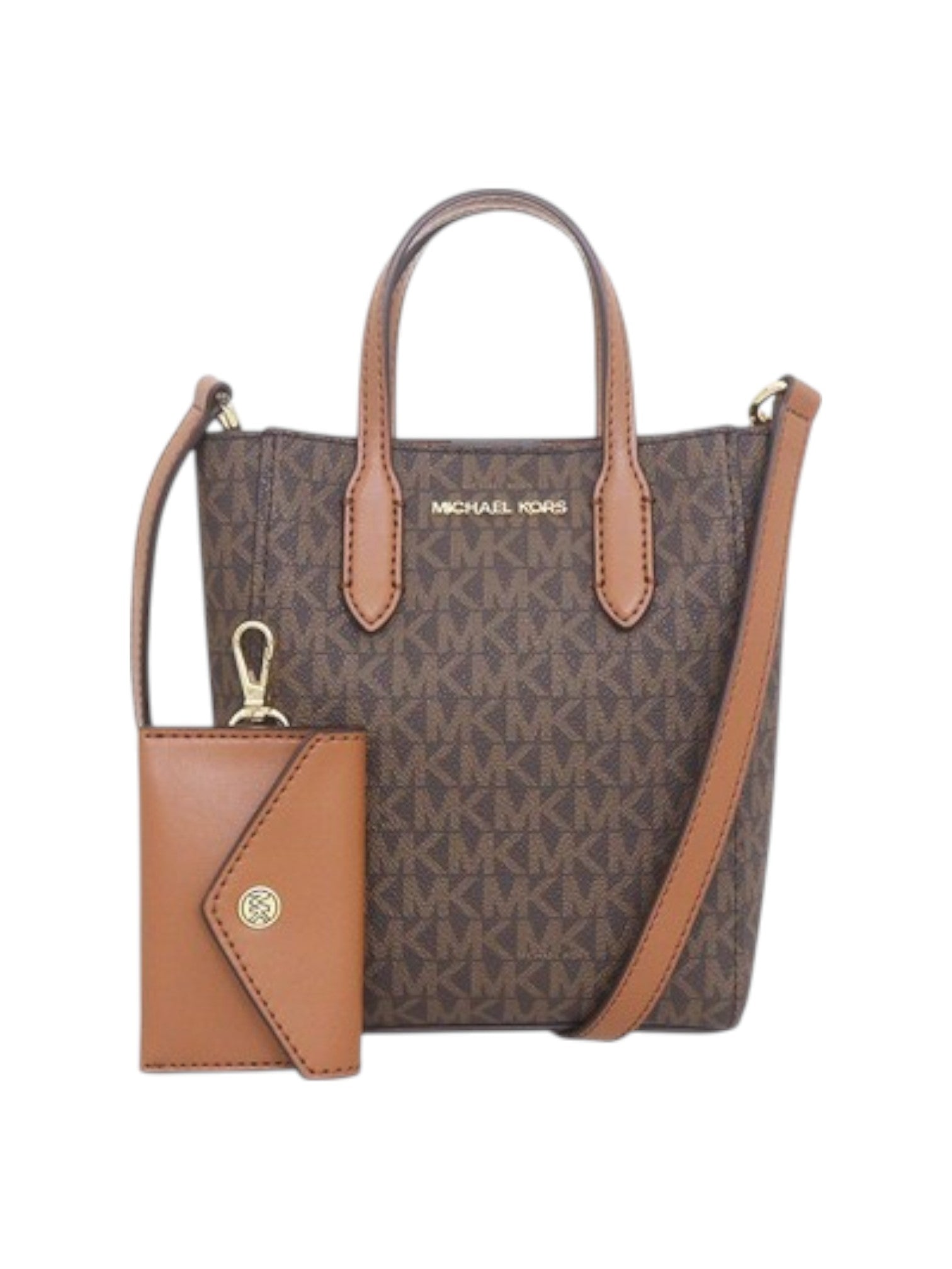 Brown handbag with matching wallet featuring Michael Kors logo on a white background Michael Kors Monza Outlet
