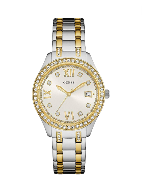 Two-tone gold and silver watch with a white face on a white background monza outlet, Shein outlet, monza fashion