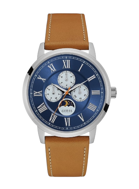 Guess watch with brown leather strap and blue dial on a white background Guess Monza Outlet