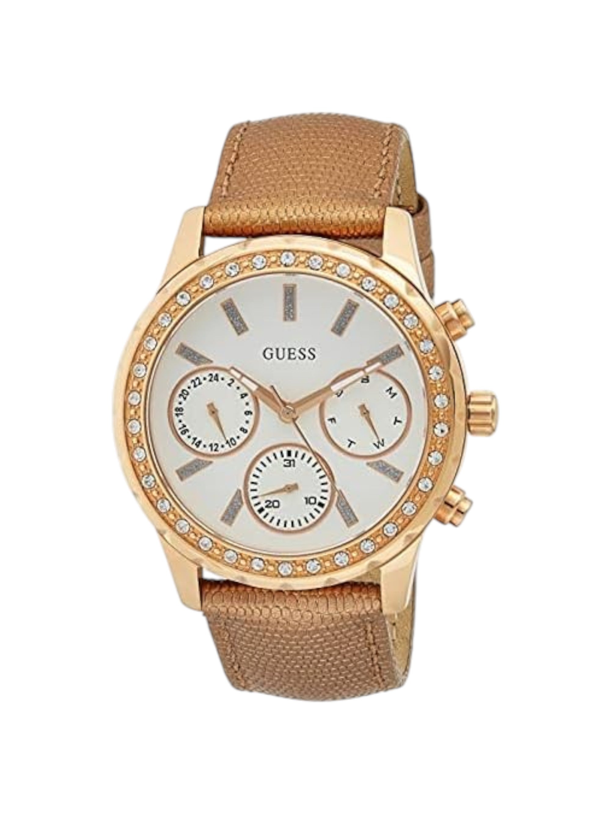 Guess watch with rose gold case and strap on a white background Guess Monza Outlet