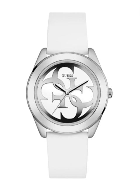 White watch with silver case and logo on a white background monza outlet, Shein outlet, monza fashion