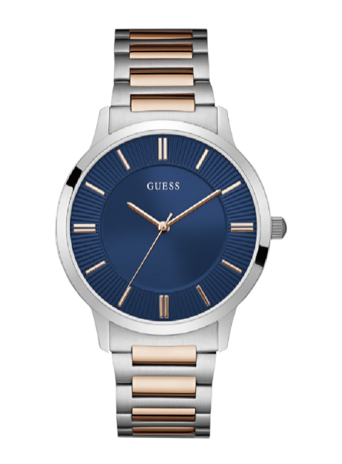 Guess watch with blue dial and two-tone rose gold and silver bracelet on white background Guess Monza Outlet