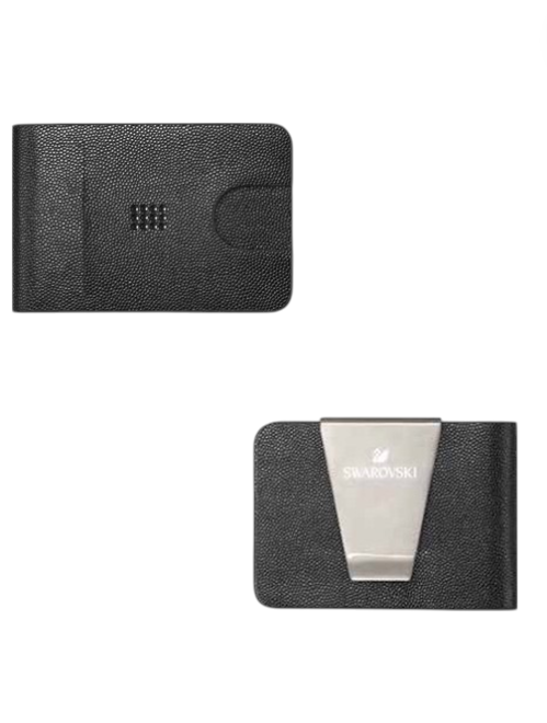 Black leather wallet with a silver cardholder on a white background