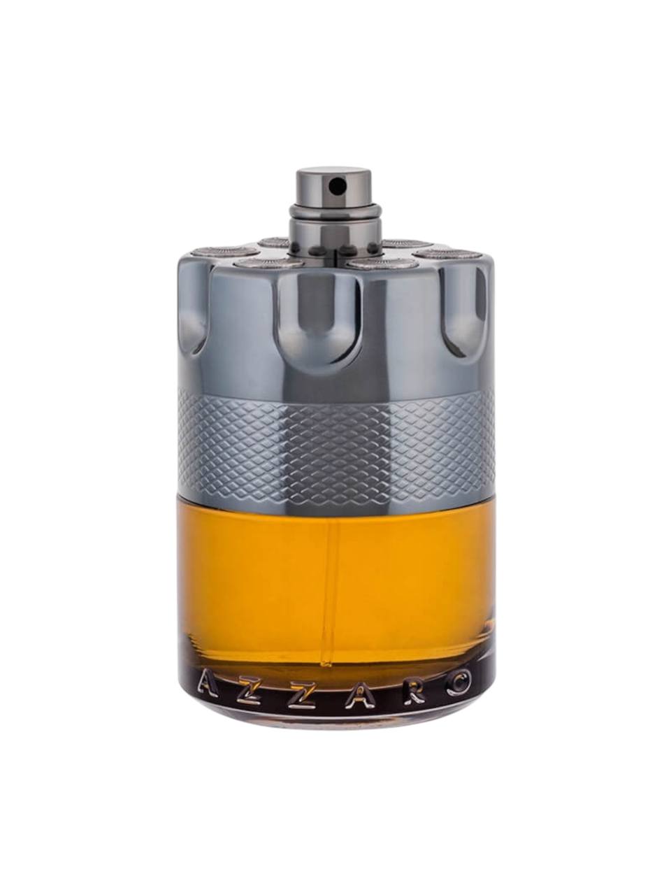 Perfume bottle with gray cap and orange liquid on a white background Monza outlet, monza fashion, shein outlet, shien outlet