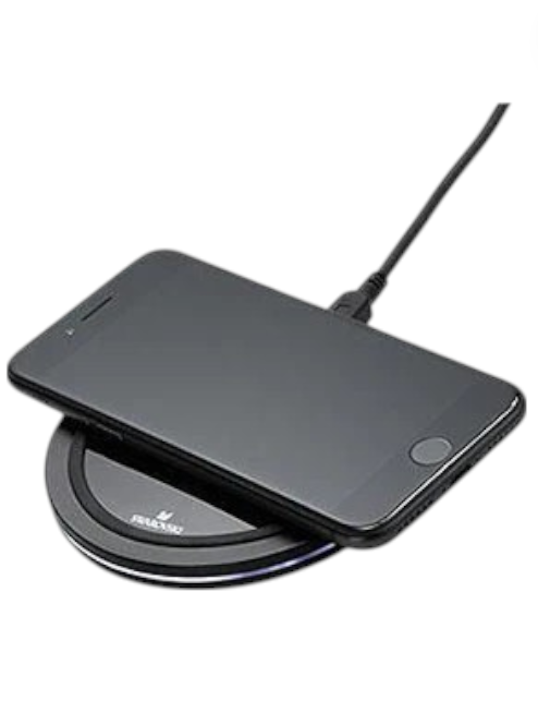 Wireless charging pad with smartphone on a white background, Swarovski, Monza Outlet, Monza Fashion, Shein Outlet