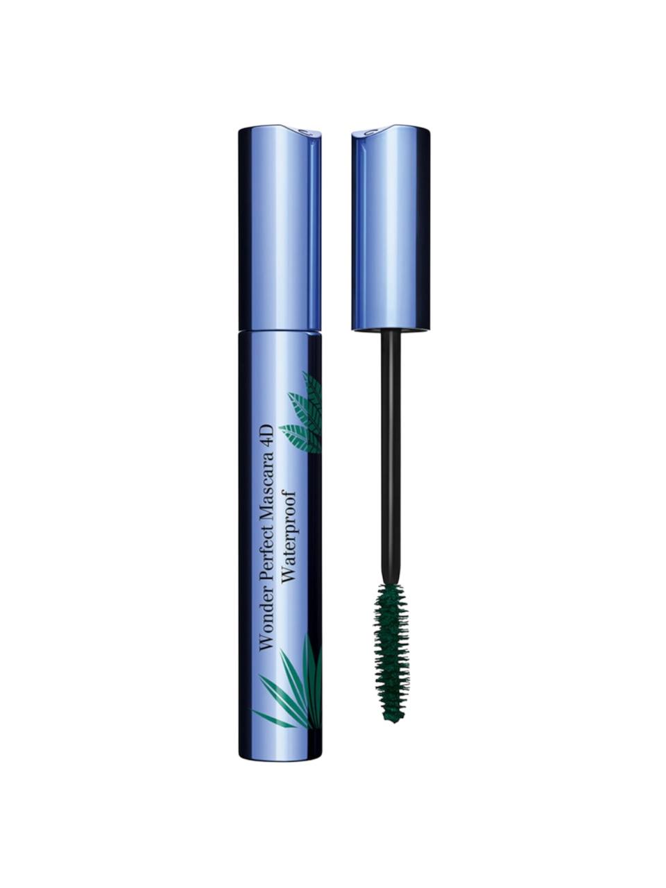 Mascara with blue casing and green brush on a white background Clarins Monza Outlet