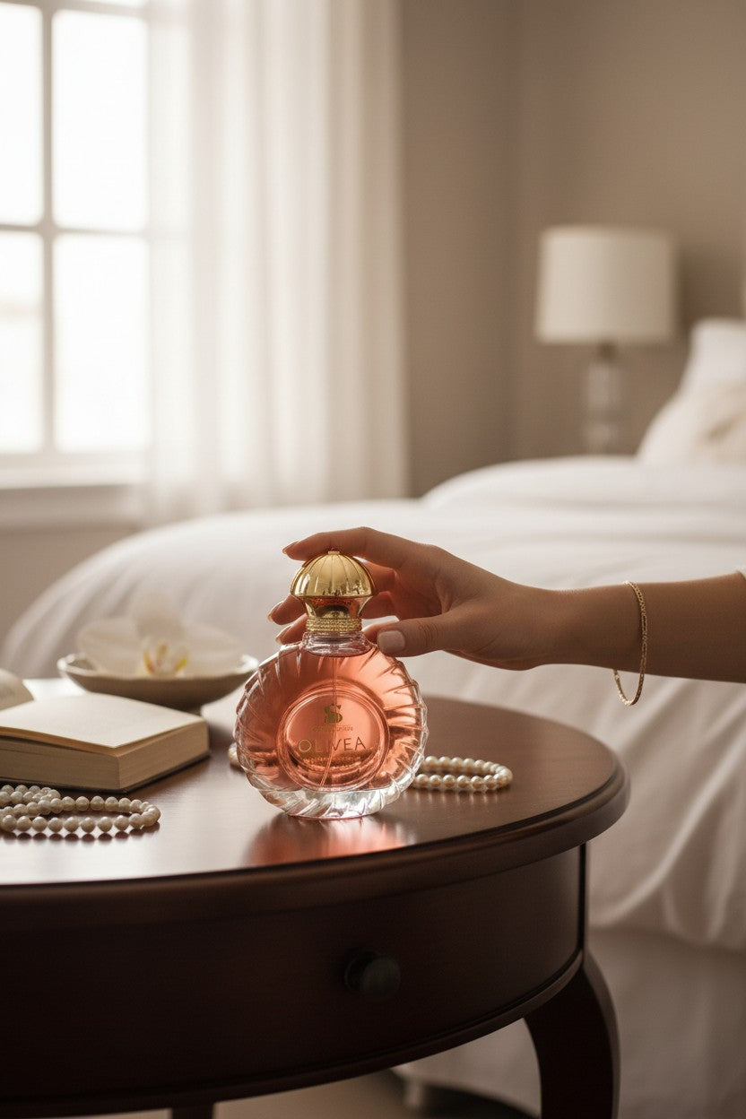 Hand holding a pink perfume bottle on a wooden table with a bedroom background. World Scents, Monza Outlet, Monza Fashion, Shein Outlet
