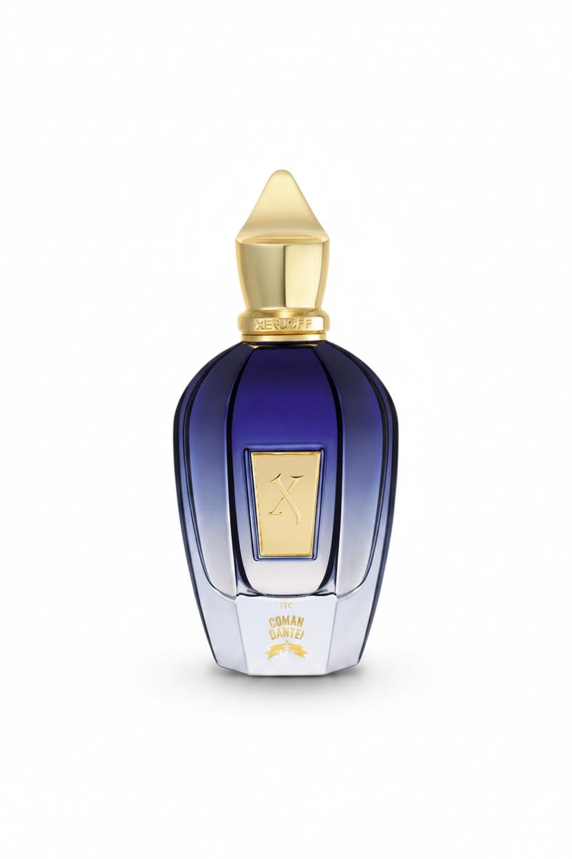 Perfume bottle with a gold cap and label on a white background. Xerjoff, Monza Outlet, Monza Fashion, Shein Outlet