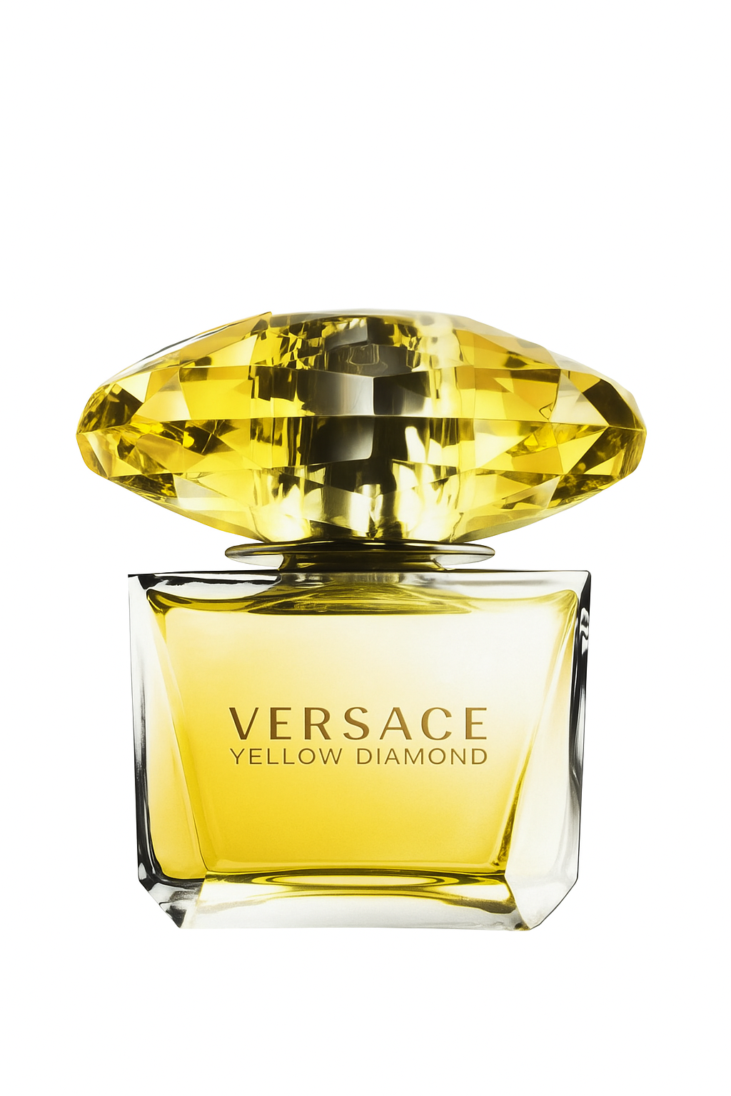 Versace Yellow Diamond perfume bottle with a yellow gemstone cap on a white background Versace Monza Outlet