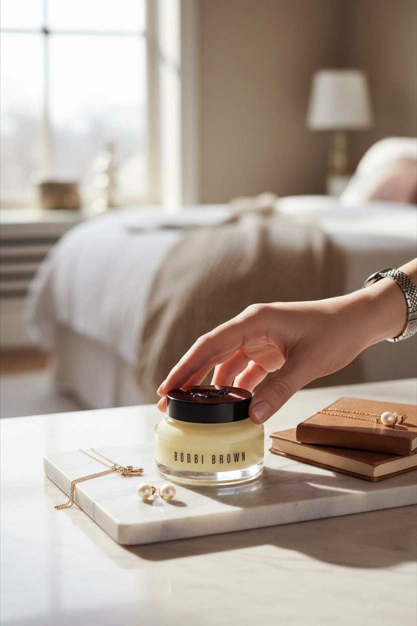 Person opening a Bobbi Brown jar on a marble surface with a bedroom in the background. Bobbi Brown, Monza Outlet, Monza Fashion, Shein Outlet