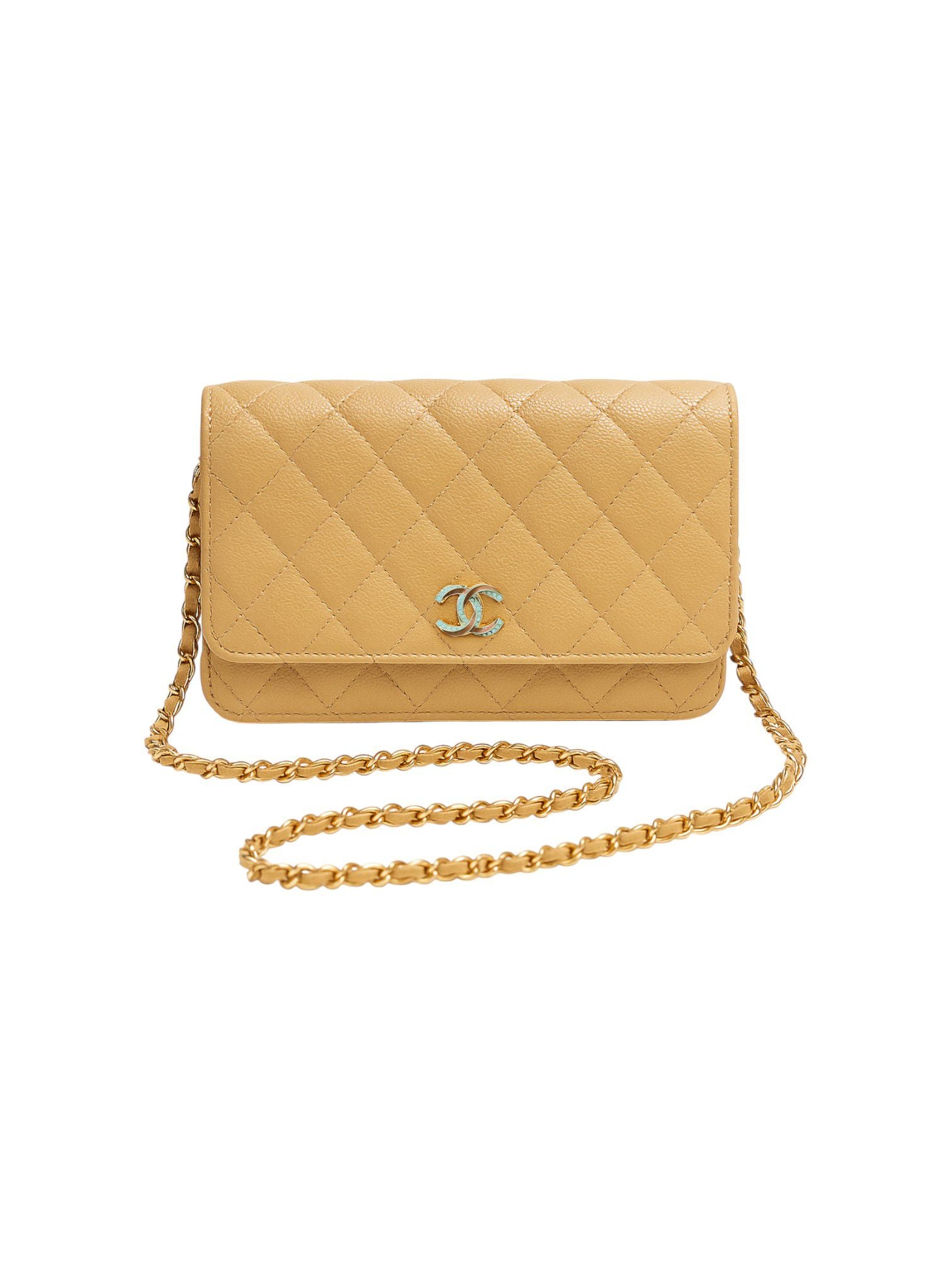 Quilted beige handbag with gold chain strap on a white background Chanel