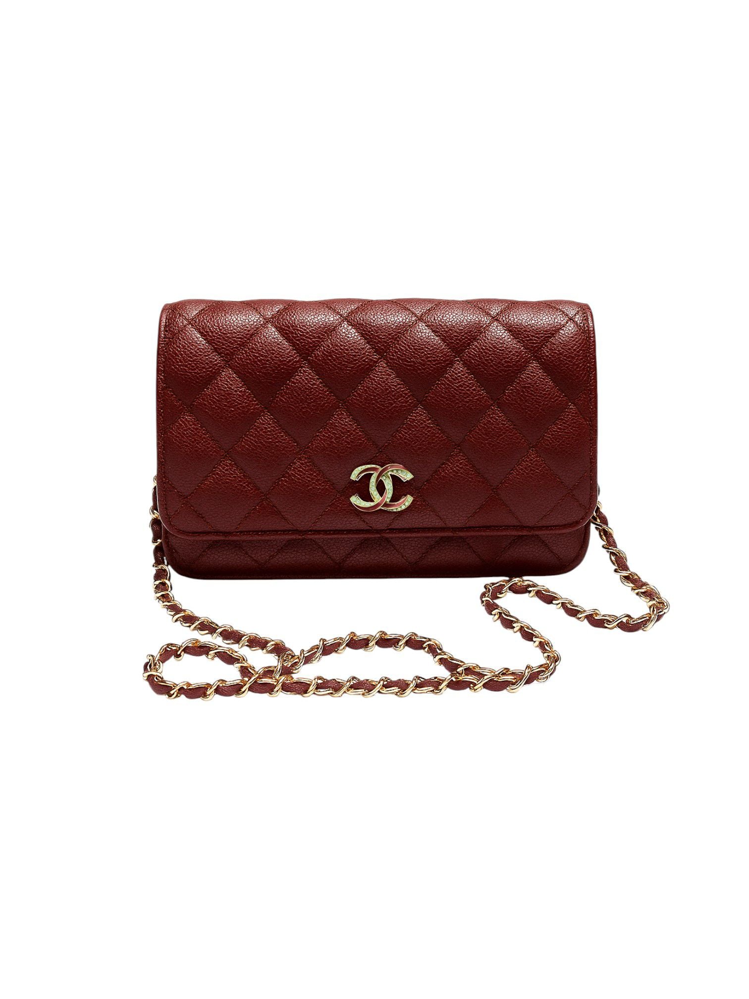 Quilted brown handbag with gold chain and logo on a white background Chanel