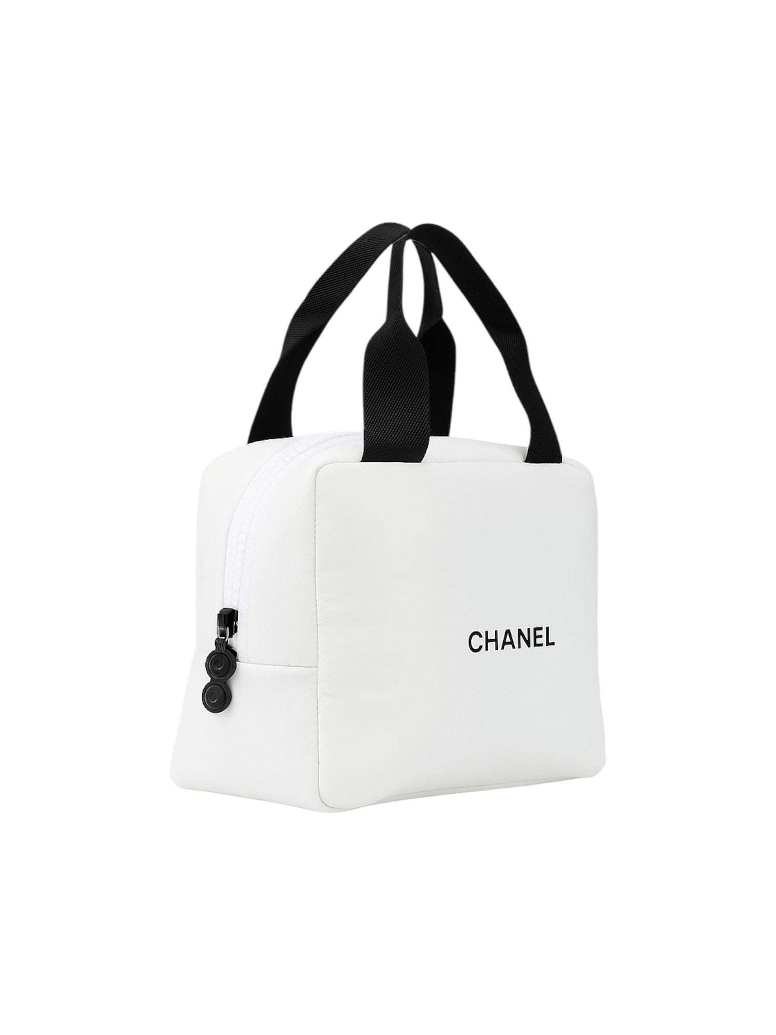White Chanel bag with black handles and logo on a white background Monza outlet, monza fashion, shein outlet, shien outlet