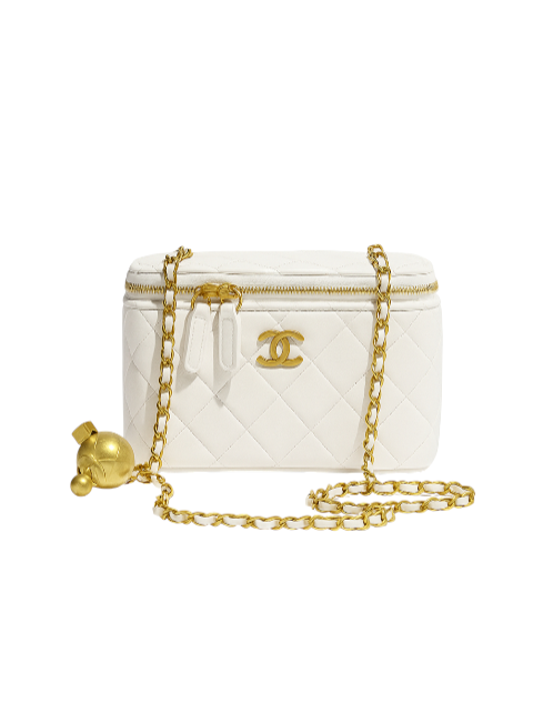 White handbag with gold chain and logo on a white background Chanel Monza Outlet