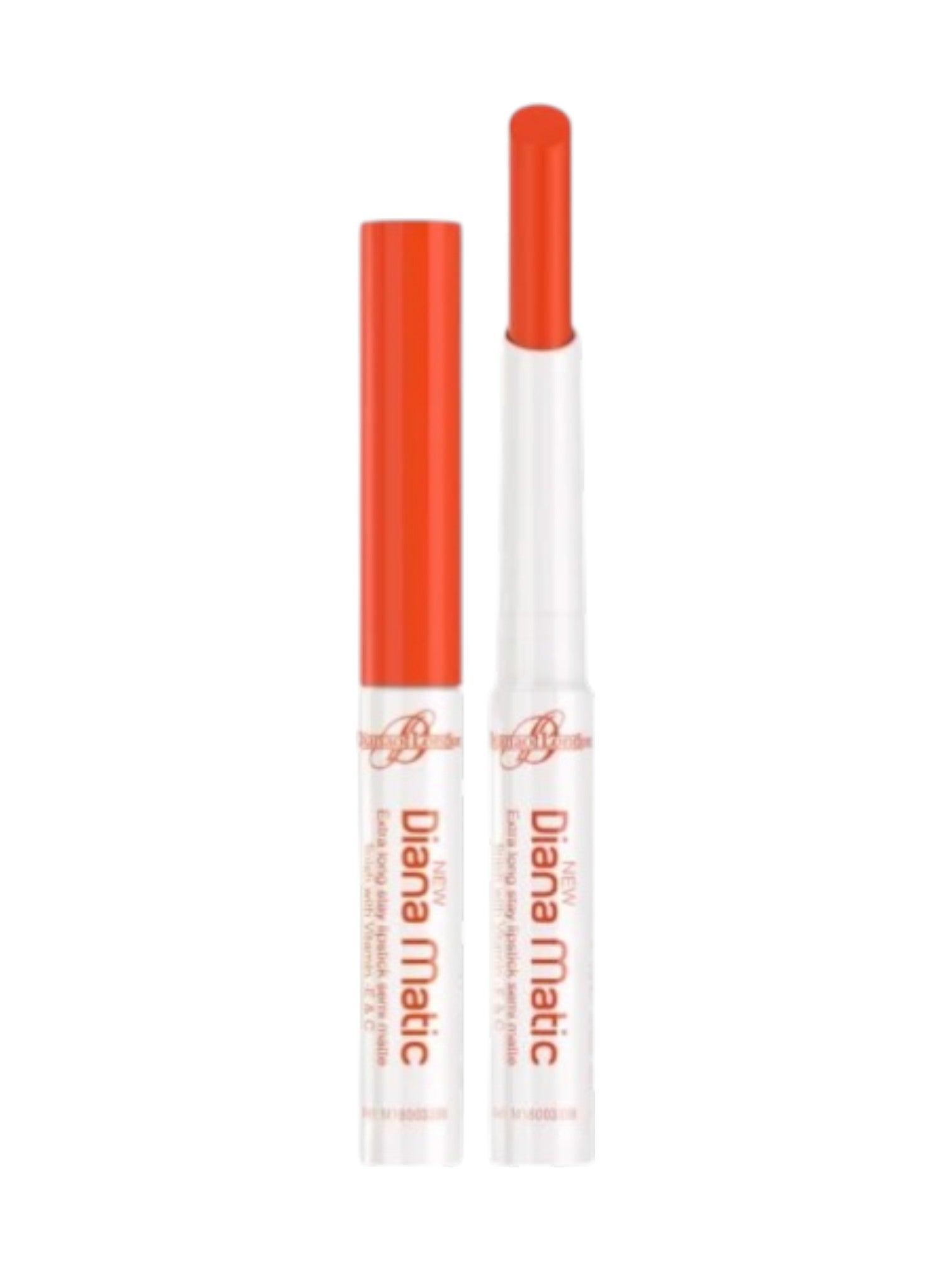 Two orange lip pencils with white accents on a white background. Diana of London, Monza Outlet, Monza Fashion, Shein Outlet