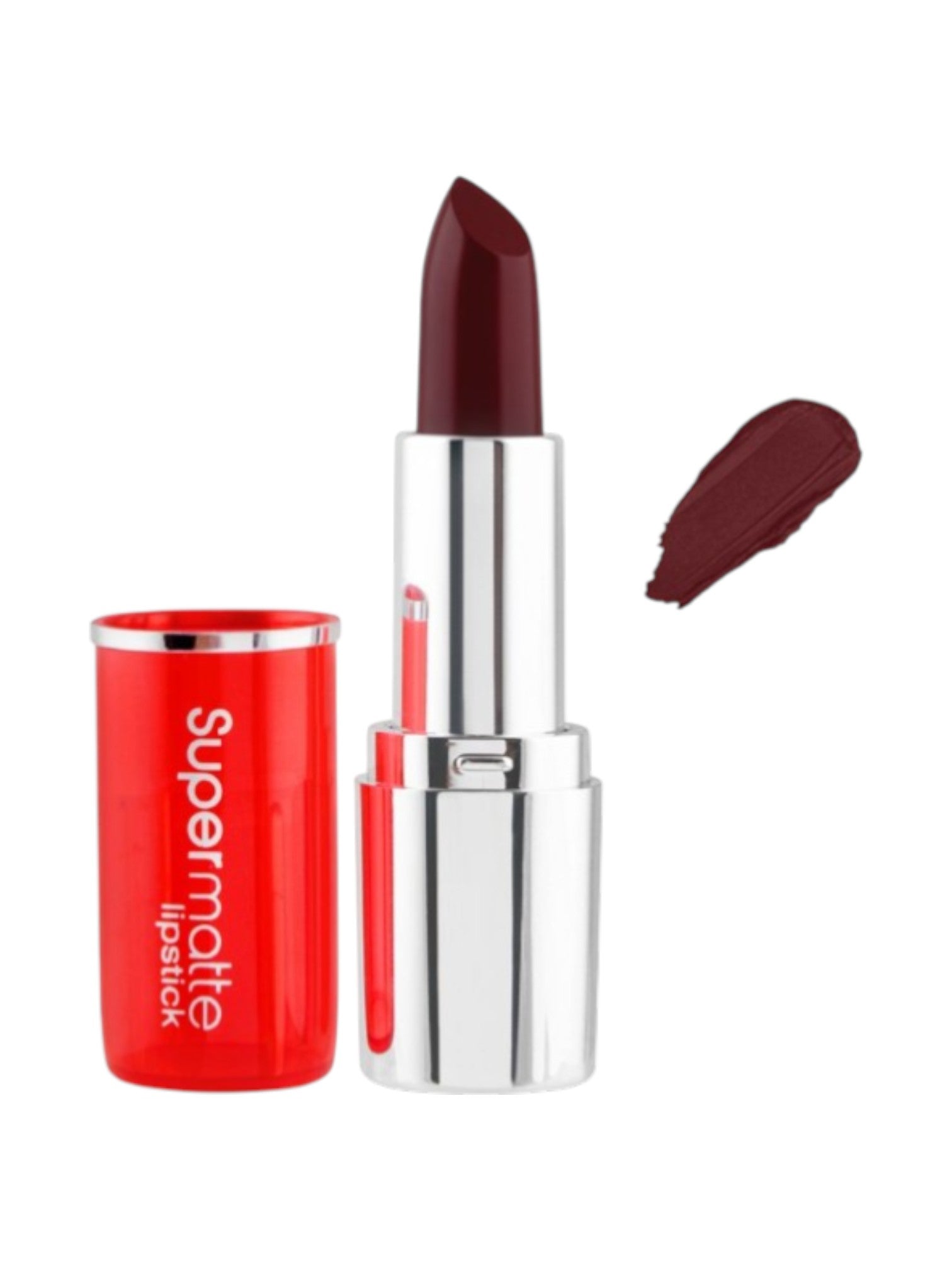 Supermatte lipstick with red casing and silver cap on a white background. Diana of London, Monza Outlet, Monza Fashion, Shein Outlet