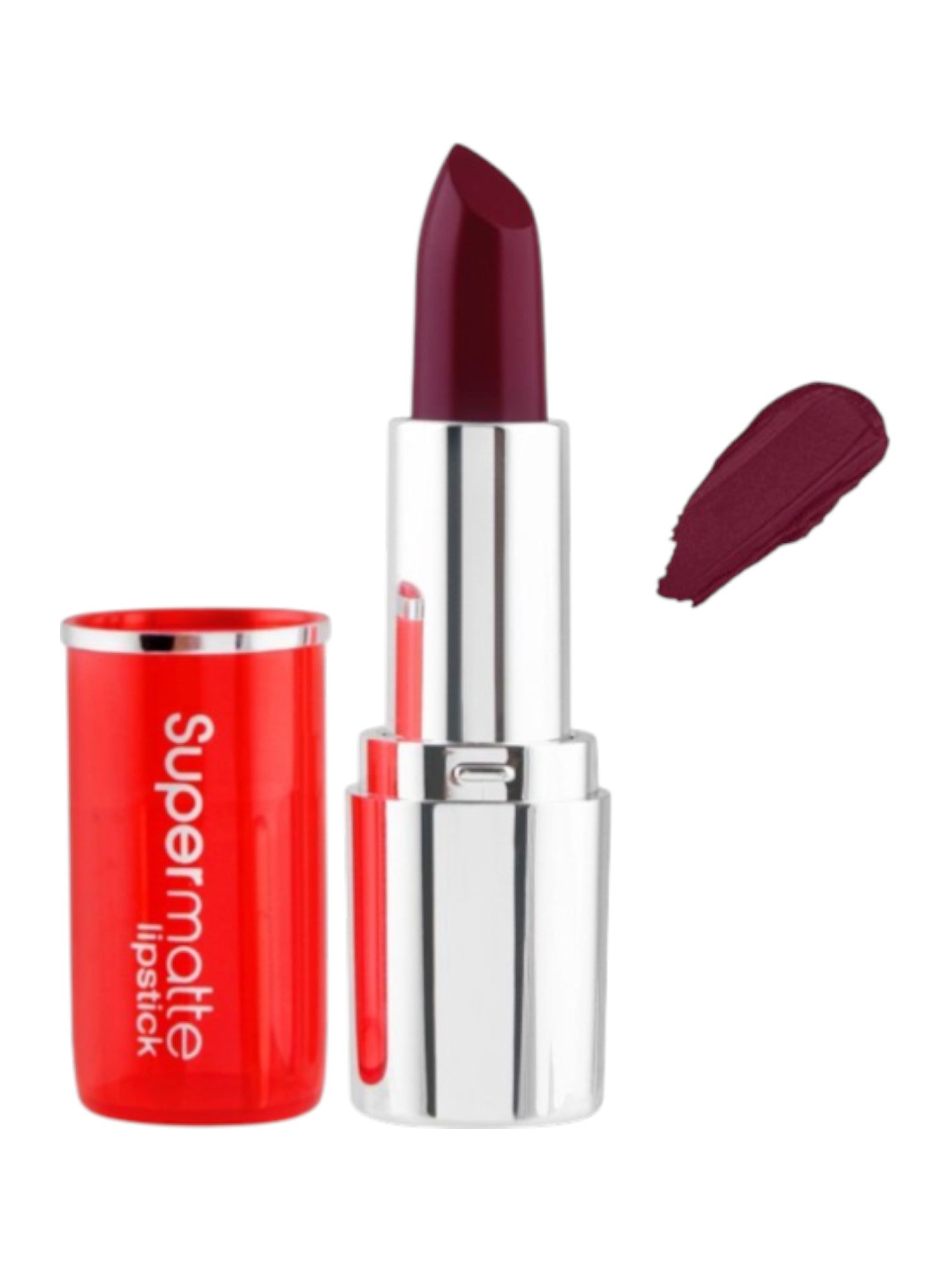 Supermatte lipstick with red casing and silver cap on a white background. Diana of London, Monza Outlet, Monza Fashion, Shein Outlet