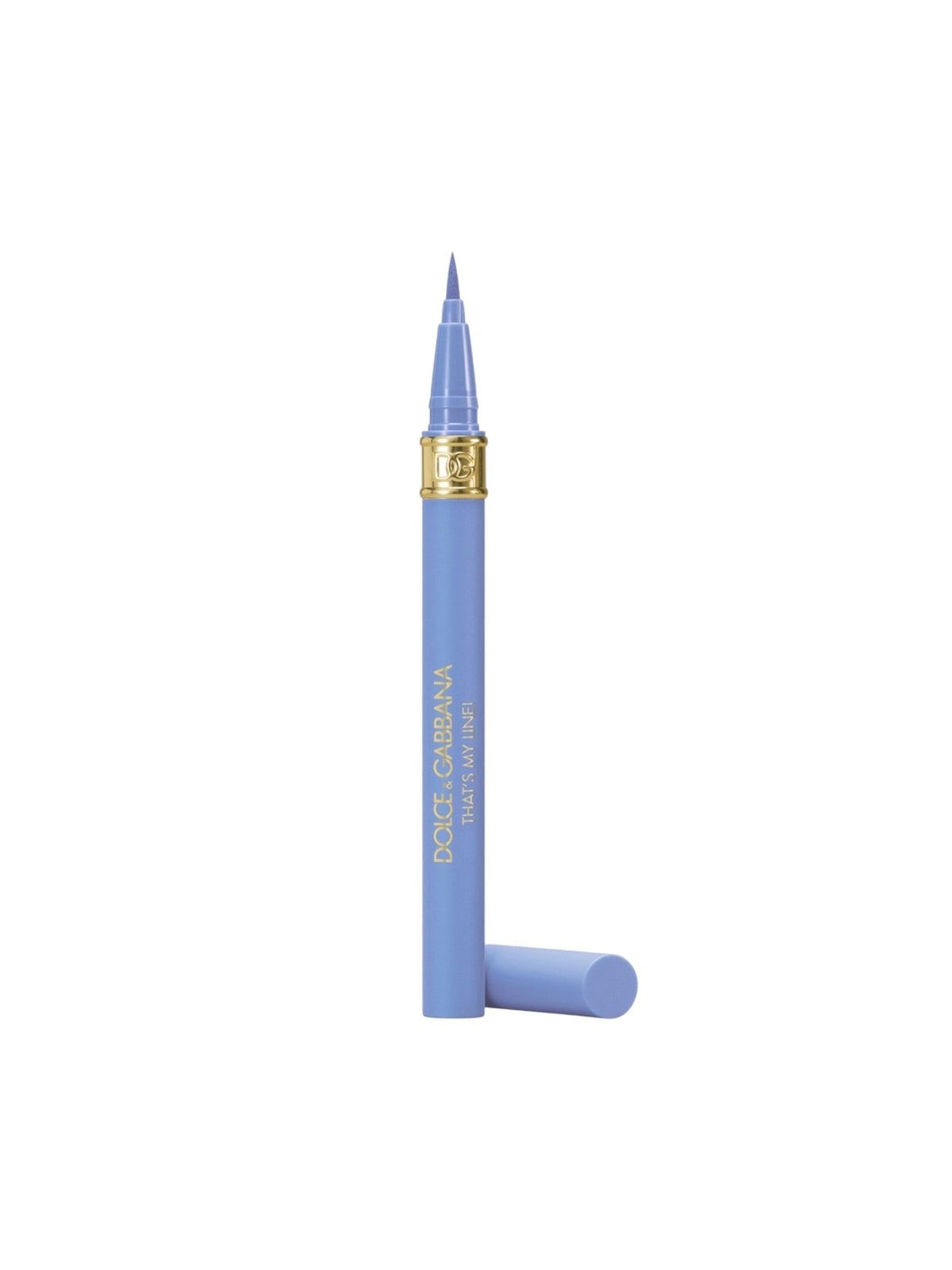Dolce Genteel eyeliner pen in a light periwinkle blue color with gold lettering and a gold accent ring, shown with its cap off on a solid white background. Dolce & Gabbana, Monza Outlet, Monza Fashion, Shein Outlet
