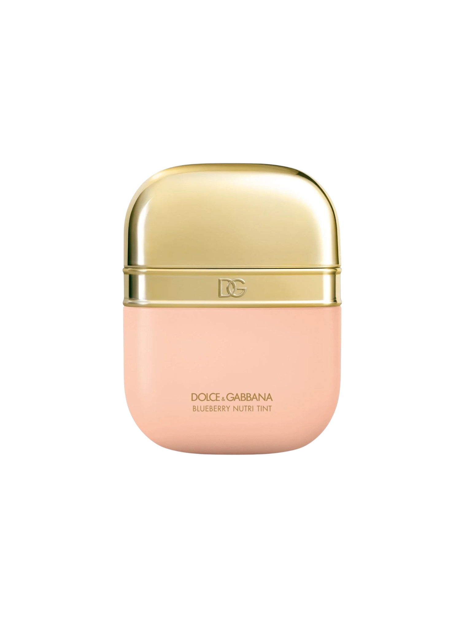 Dolce Gabbana Blueberry Nude Tint in a rounded rectangular container with a glossy gold cap and a soft peach pink body, centered on a plain white background. Dolce & Gabbana, Monza Outlet, Monza Fashion, Shein Outlet
