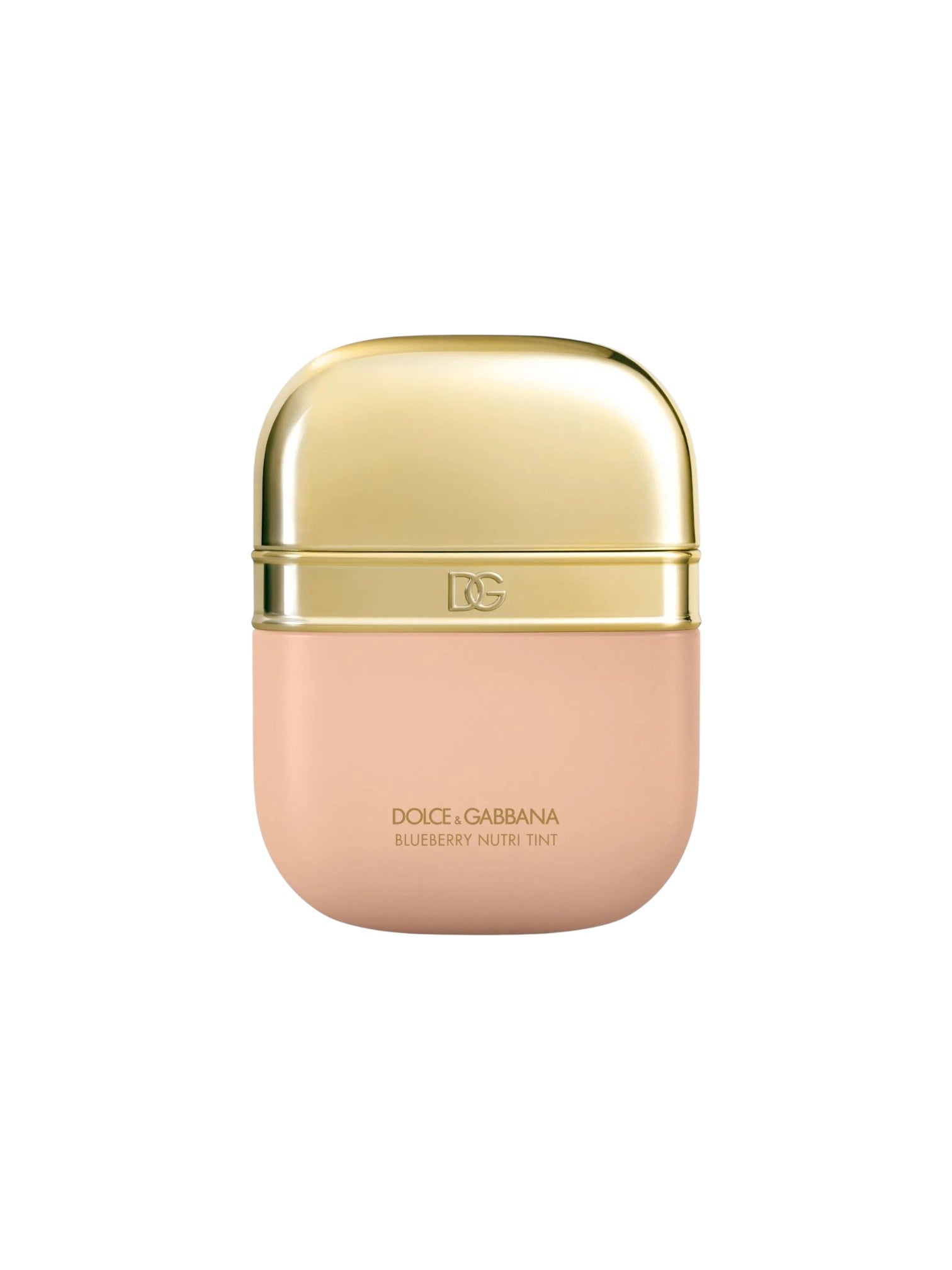 Dolce & Gabbana Blueberry Acqua Fra fragrance bottle with a metallic gold cap and a soft peach-pink body, centered on a plain white background. Dolce & Gabbana, Monza Outlet, Monza Fashion, Shein Outlet