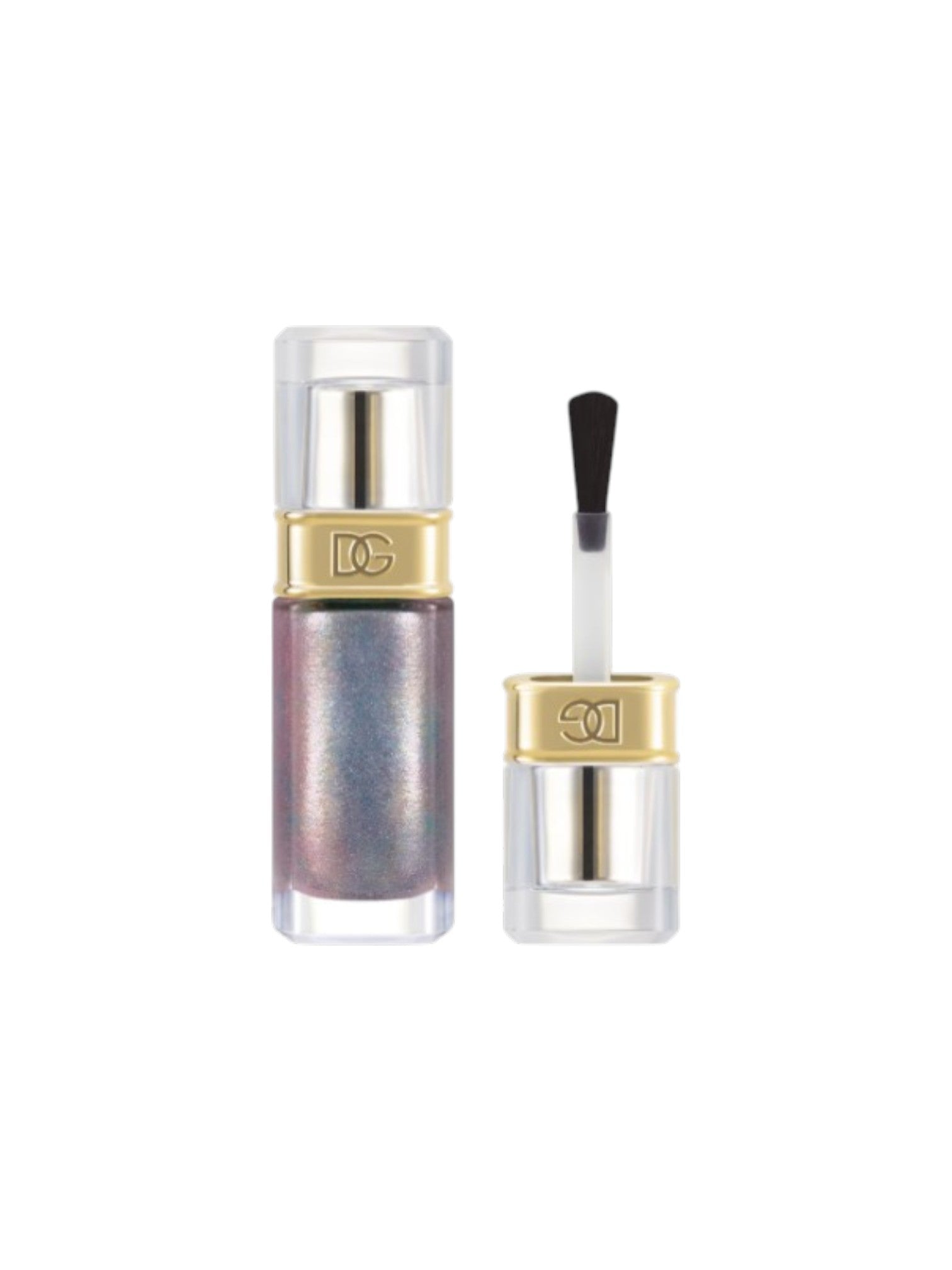 A clear cosmetic bottle with a metallic gold cap and a matching clear cap removed to show the applicator brush, containing an iridescent shimmering liquid with a holographic finish. Dolce and Gabanna, Monza Outlet, Monza Fashion, Shein Outlet