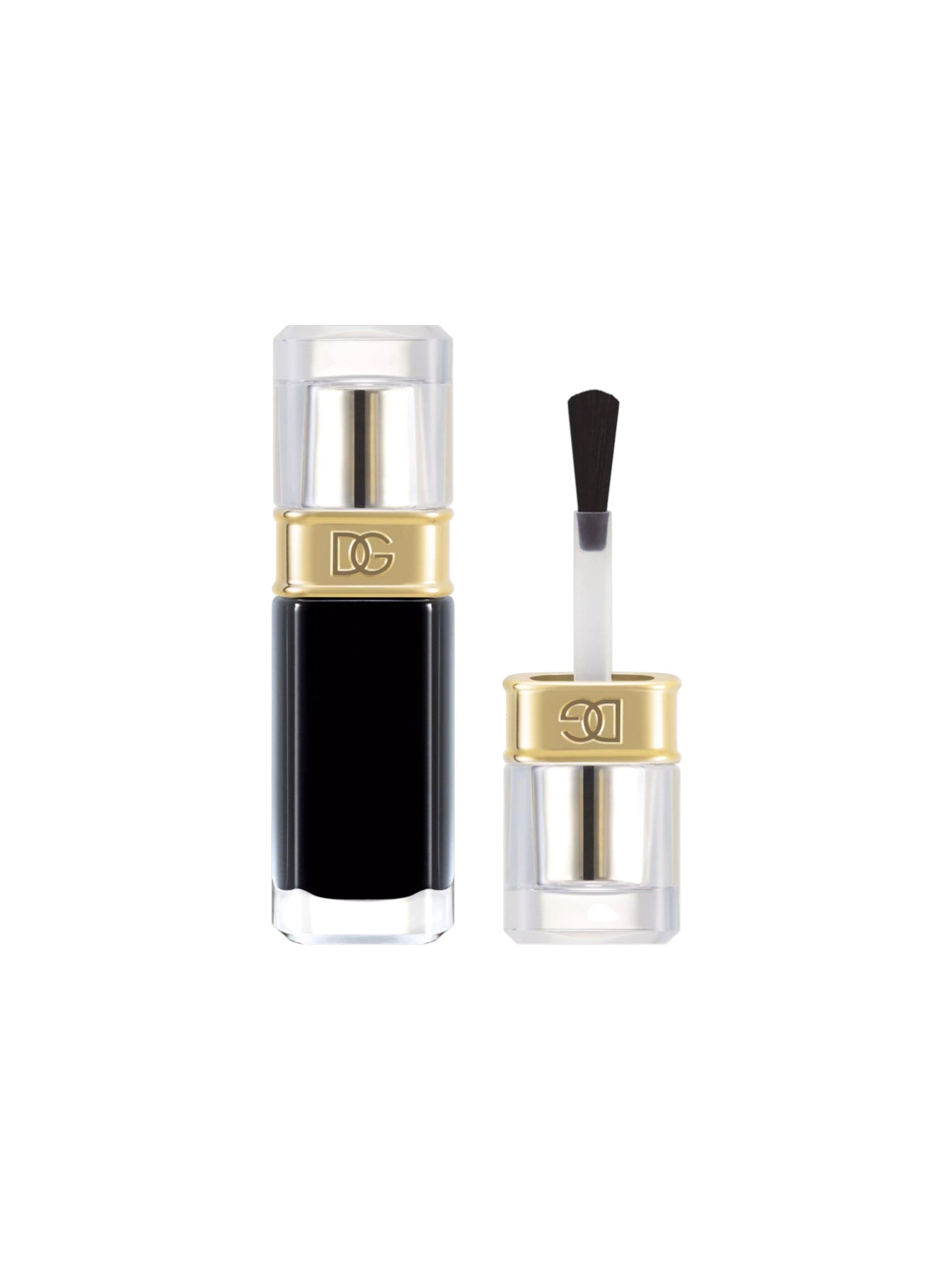 DG Clear Gel Nail Polish in a clear bottle with a black liquid inside, shown next to its cap and applicator brush on a white background. Dolce and Gabanna, Monza Outlet, Monza Fashion, Shein Outlet
