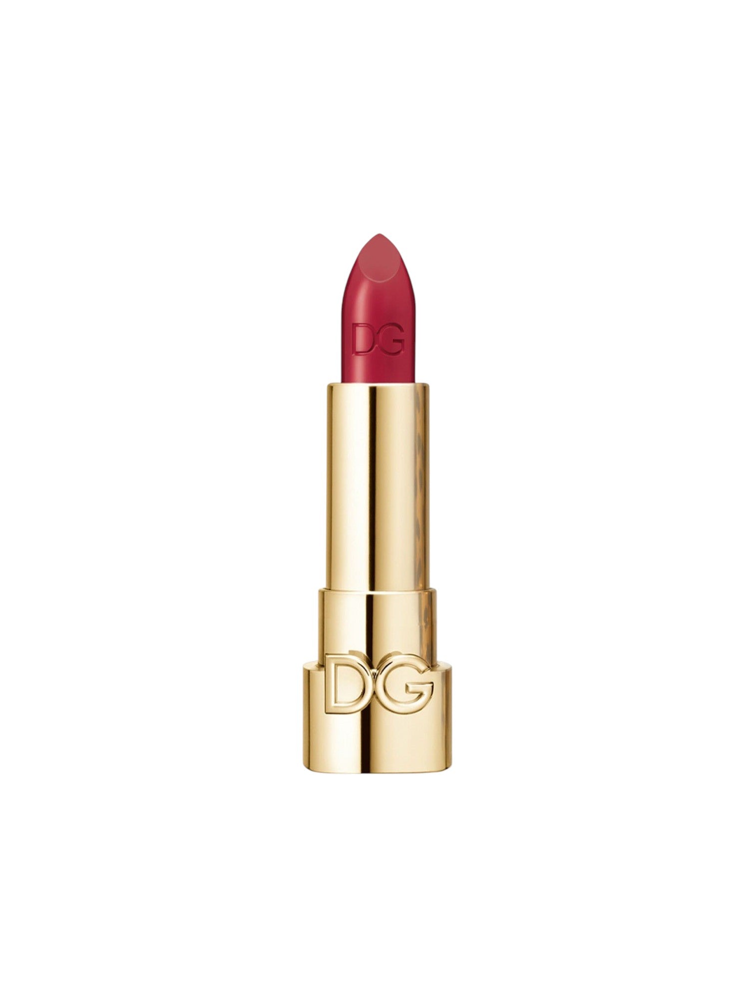 Red lipstick with gold casing on a white background. Dolce & Gabbana, Monza Outlet, Monza Fashion, Shein Outlet