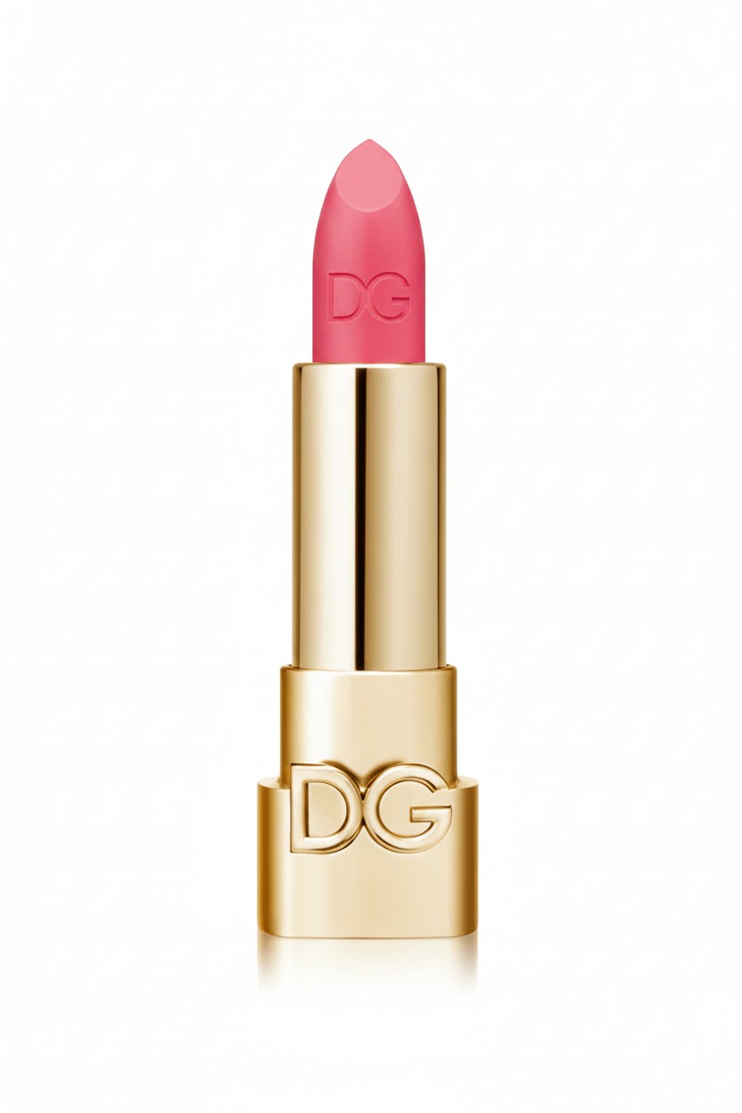 Pink lipstick with gold casing on a white background. Dolce & Gabbana, Monza Outlet, Monza Fashion, Shein Outlet
