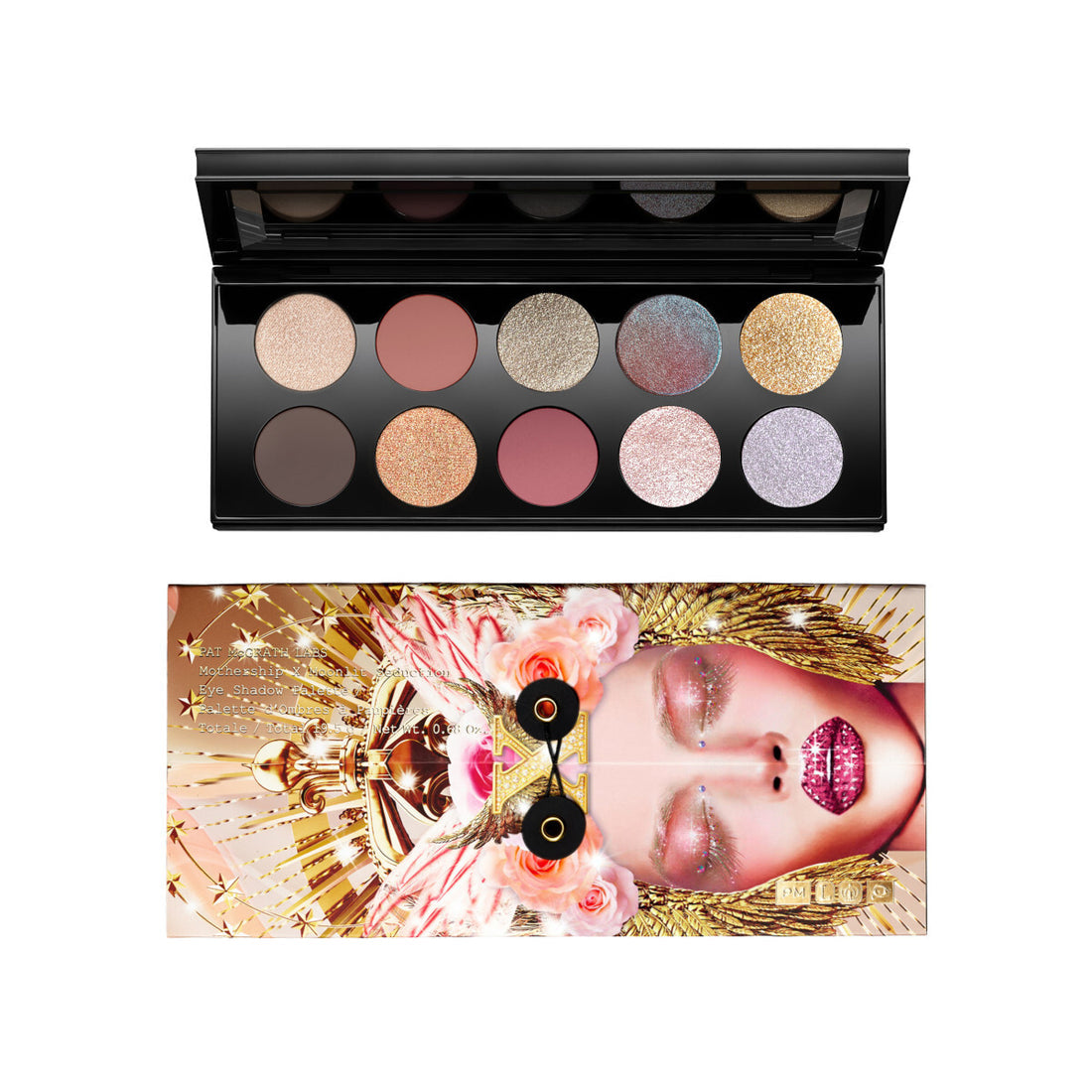 Makeup palette with various colors and a decorative face design. Monza Outlet