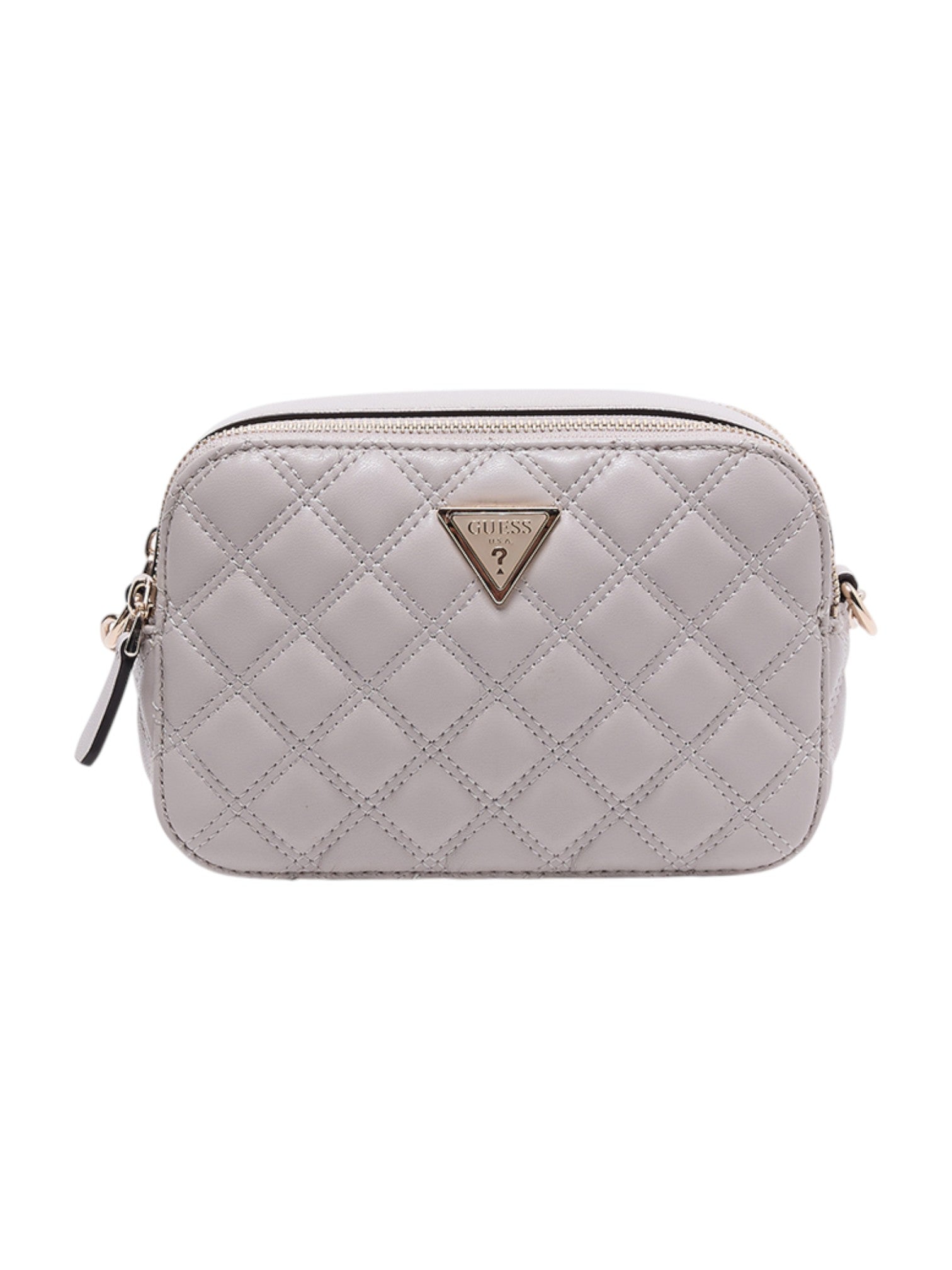 Quilted gray pouch with a gold zipper and brand logo on a white background. Guess, Monza Outlet, Monza Fashion, Shein Outlet