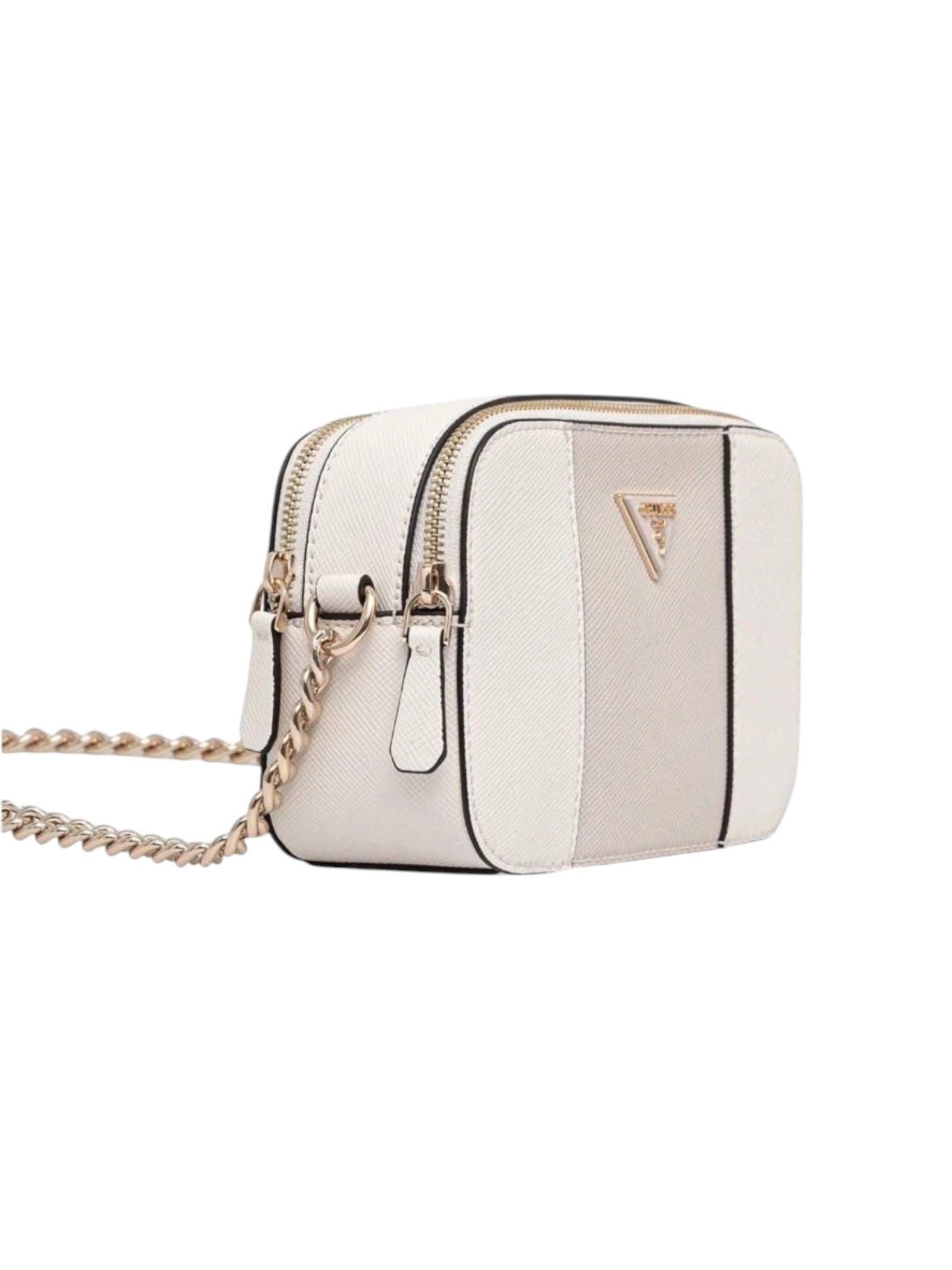 White handbag with a gold chain on a white background. Guess, Monza Outlet, Monza Fashion, Shein Outlet