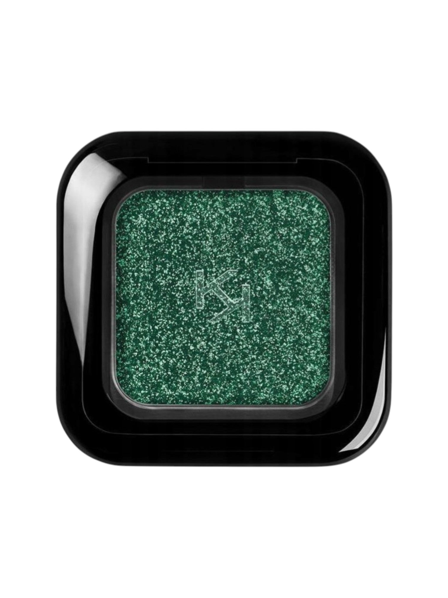 Green glittery eyeshadow in a black compact with a brand logo on a white background. Kiko, Monza Outlet, Monza Fashion, Shein Outlet