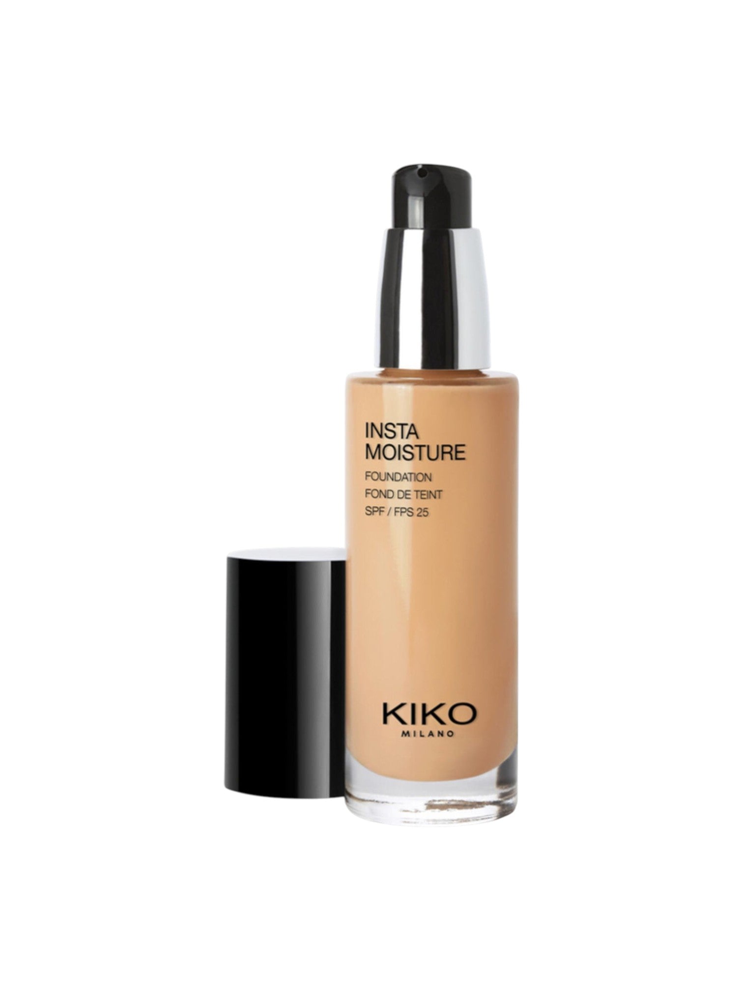 Kiko Milano Insta Moisture foundation bottle on a white background. Kiko, Monza Outlet, Monza Fashion, Shein Outlet
