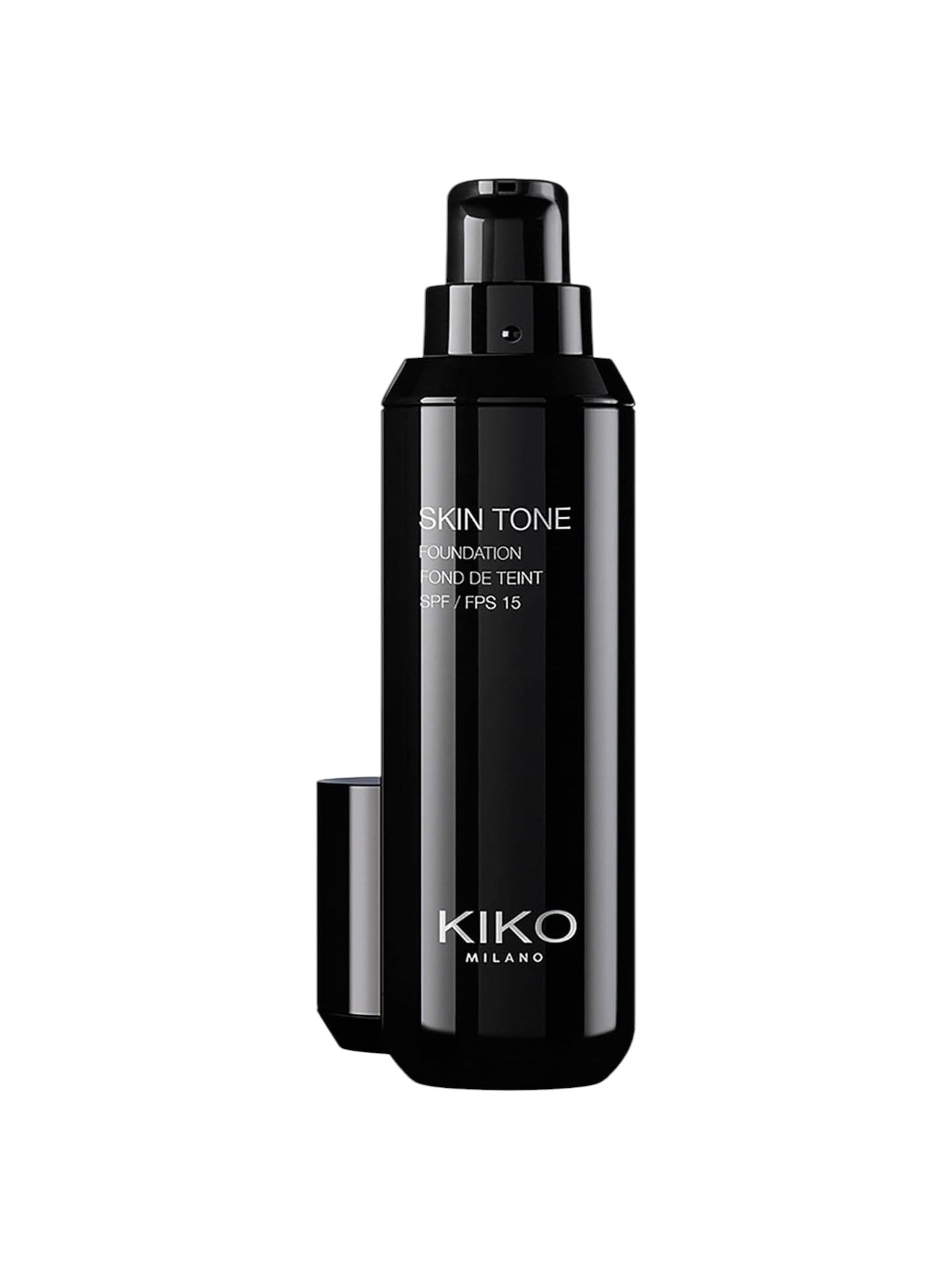 Black Kiko Milano foundation bottle on a white background. Kiko Milano, Monza Outlet, Monza Fashion, Shein Outlet