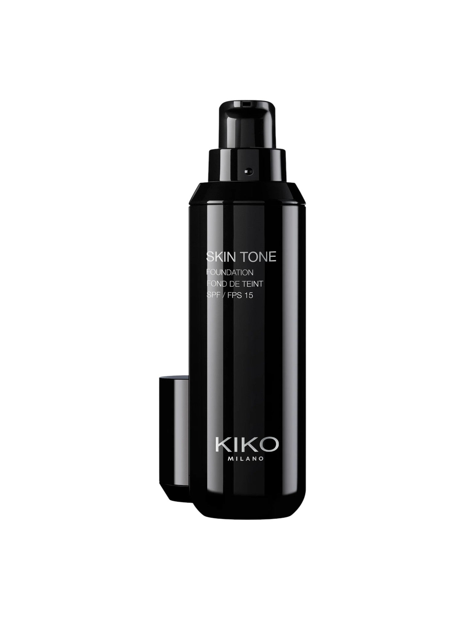 Black Kiko Milano foundation bottle on a white background. Kiko Milano, Monza Outlet, Monza Fashion, Shein Outlet