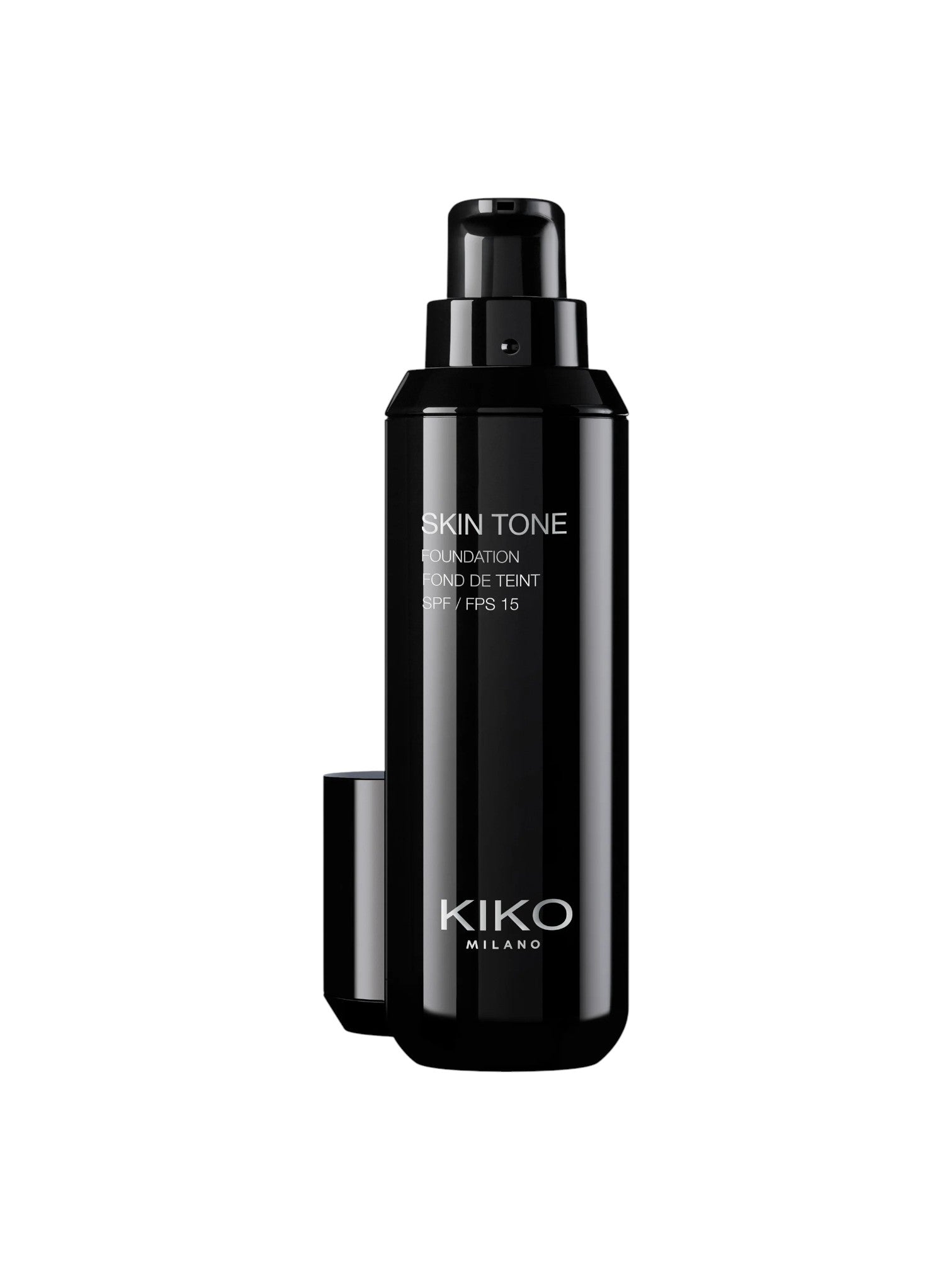 Black Kiko Milano foundation bottle on a white background. Kiko Milano, Monza Outlet, Monza Fashion, Shein Outlet