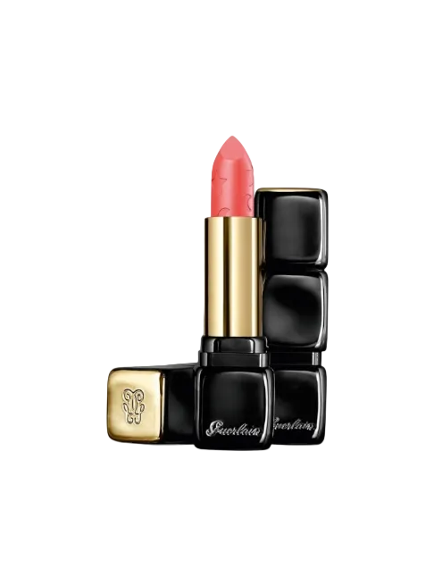 Pink lipstick with black and gold Guerlain packaging on a white background. Monza Outlet
