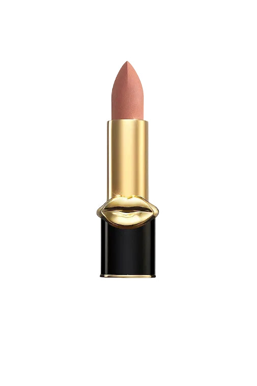 Lipstick with gold case and black base on white background. Monza Outlet
