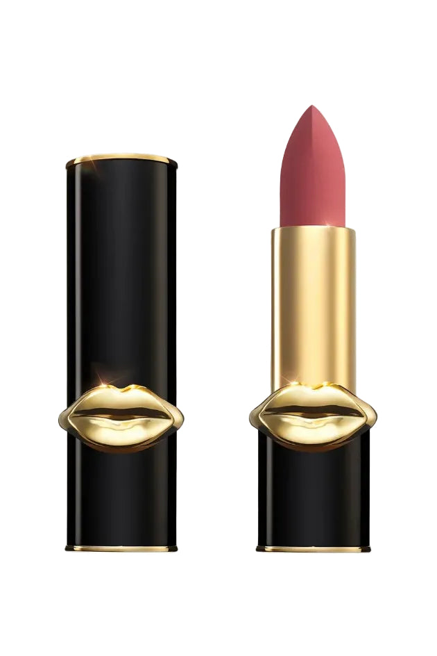 Lipstick with black and gold case and pink shade on white background. Monza Outlet