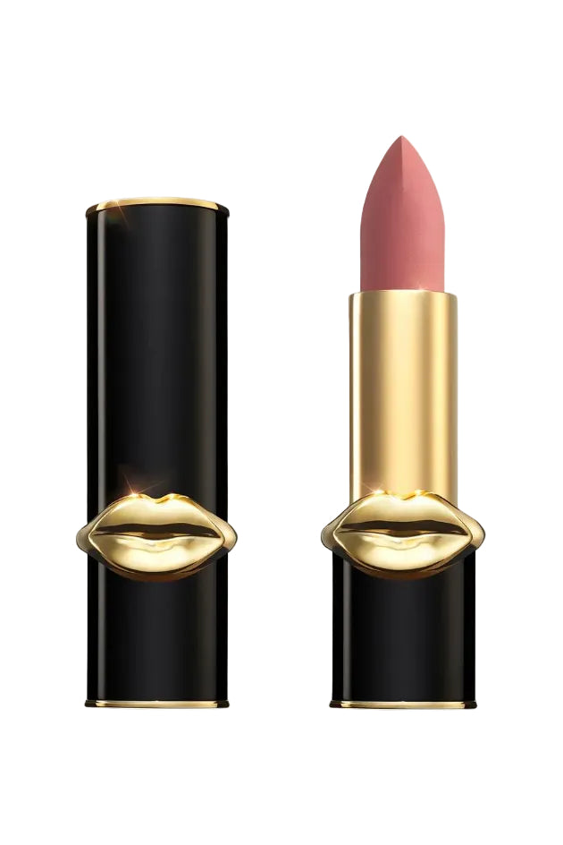 Pat McGrath Labs MatteTrance Lipstick shade Christy, soft peachy nude matte lipstick with warm undertones, presented in elegant black and gold bullet packaging with gold lips design. Monza Outlet