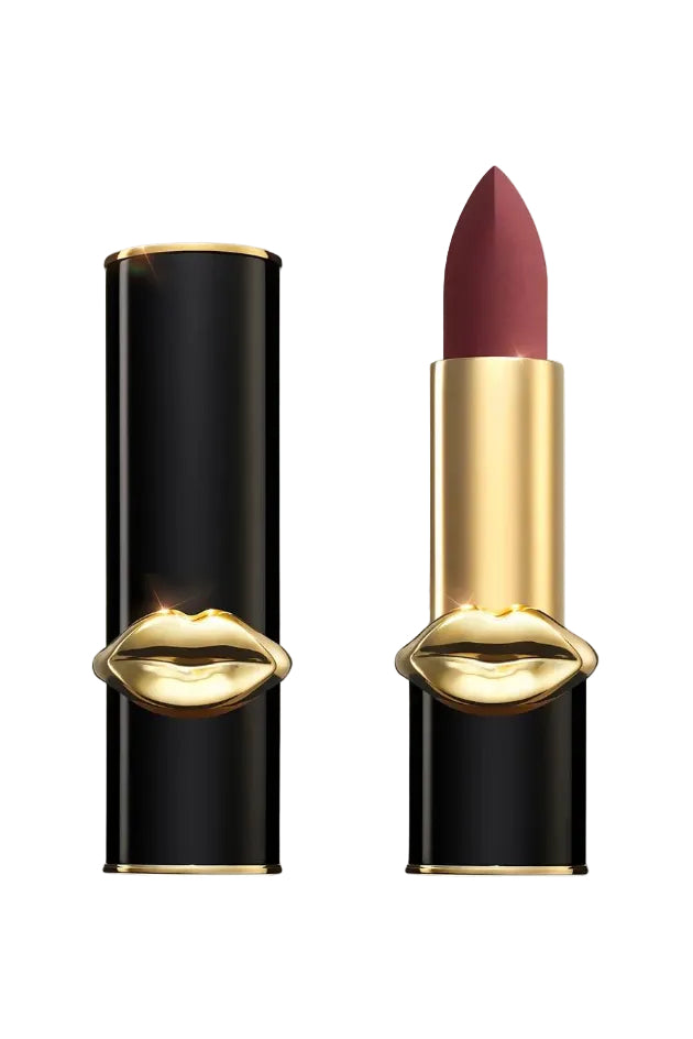 Lipstick with gold cap and black casing next to its packaging on a white background. Monza Outlet