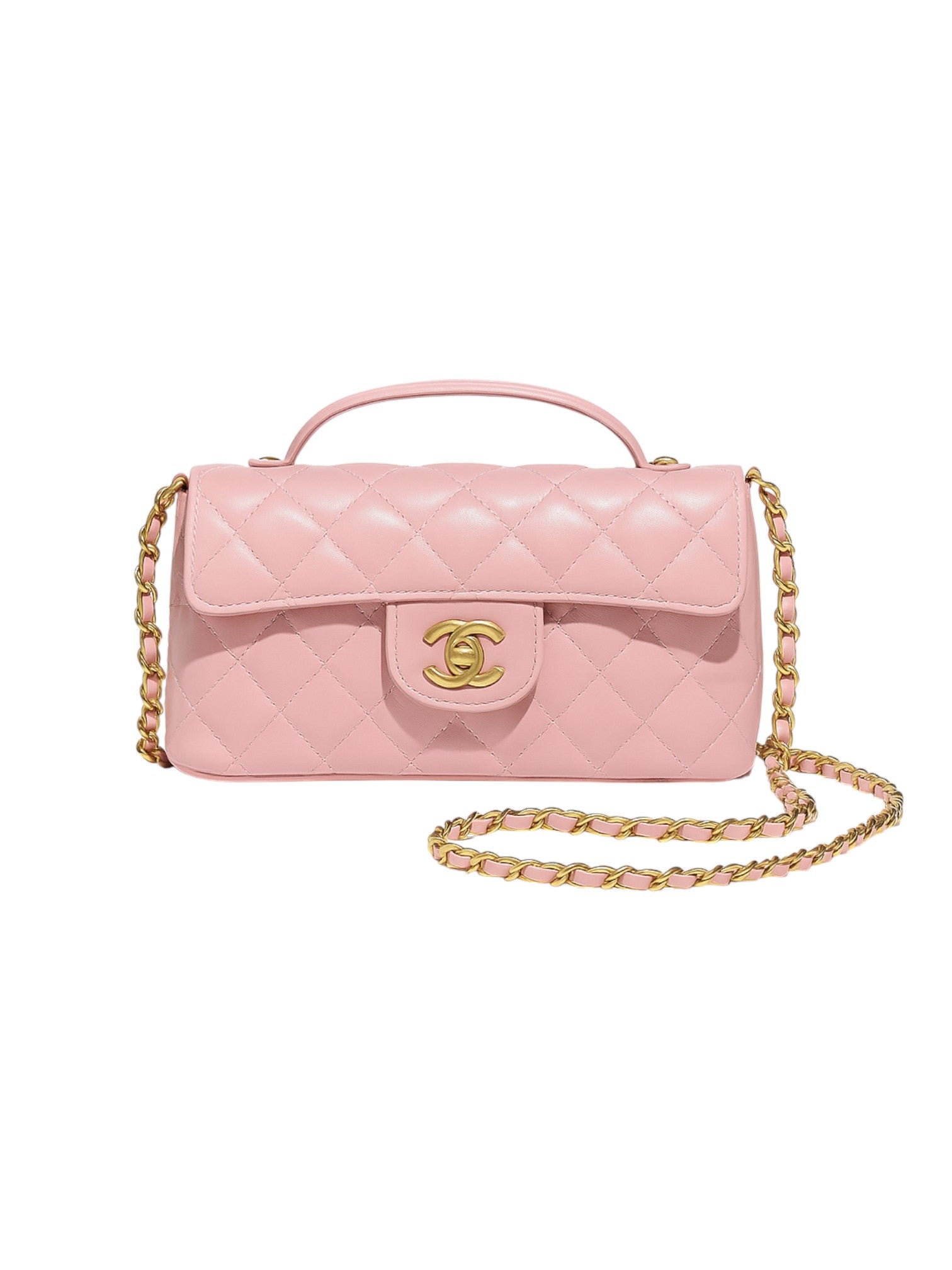 Pink quilted handbag with gold chain and logo on a white background Chanel Monza Outlet